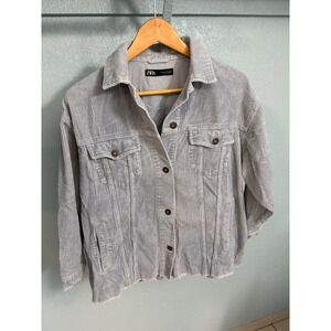 Zara Women Light Blue Corduroy Jacket Raw Hem Button Up XS 8372/222/403/XS